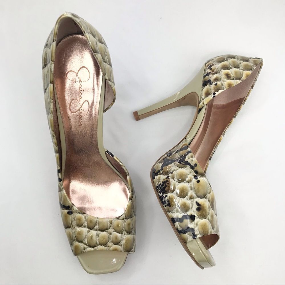 Jessica Simpson Beige Snake-Print Peep-Toe Heels - Picture 5 of 16